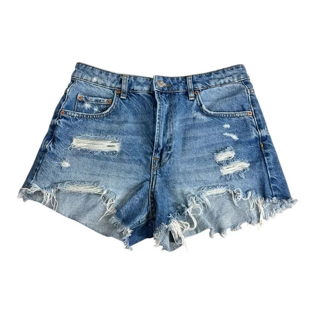 ZARA Blue Denim Distressed Shorts Size 6 Cotton High-Rise Raw-Hem Summer Beach